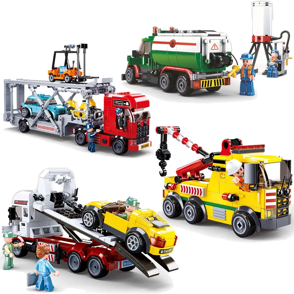 SLUBAN City Maintenance Transporter autocisterna Trailer Crane Car MOC Figures Building Blocks mattoni Classic Model Toys For Kid