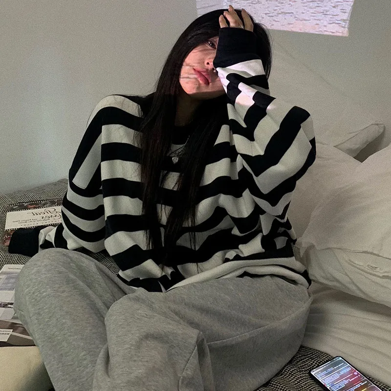 Sweatshirts Women American Style Striped All-match Basic Classical O-neck Girls Bf Lazy Street Wear Fashion Casual Feminino Chic