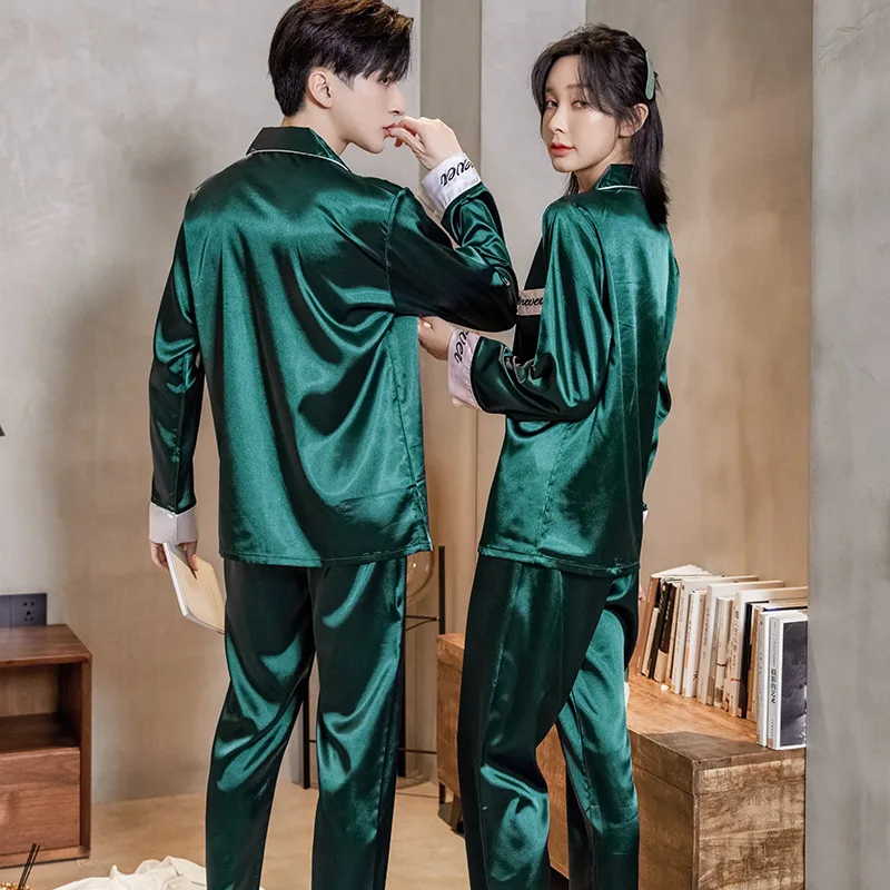 Summer Couple Rayon Long Sleeve Top Pants Sleepwear Silk Nightwear Lovers Women Men Pajamas Set Homewear