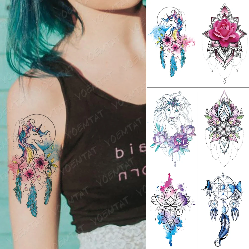 

Waterproof Temporary Tattoo Sticker Unicorn Dreamcatcher Flash Tatto Butterfly Lion Body Art Arm Water Transfer Fake Tatoo Women