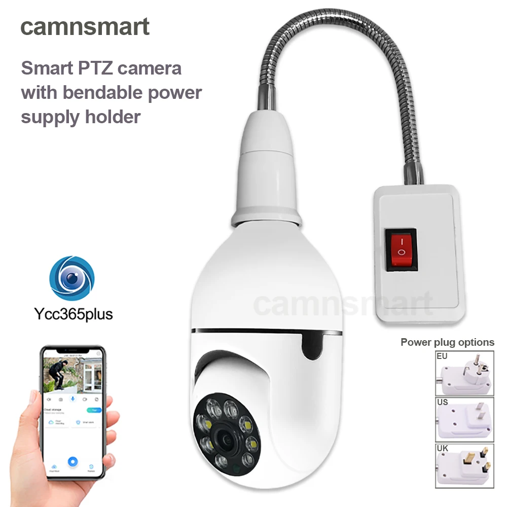 3MP Ycc365 Mini Wifi Security Camera with E27 Bendable Bulb Socket HD Color Night Vision Two Way Talk Easy Install Home Monitor