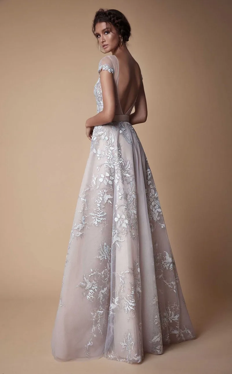 2020 ชุดราตรีคอเรือเสื้อแขนยาวแขนลูกไม้ Appliques พิเศษโอกาสชุดเซ็กซี่ Backless Sweep รถไฟ Line PROM ชุด