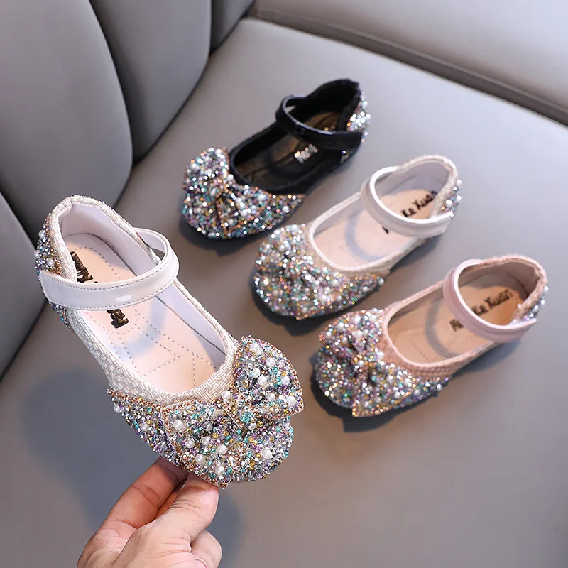 Zapatos de lentejuelas de colores con diamantes de imitación para niñas, zapatillas de princesa con pajarita, zapatos planos de baile, primavera y