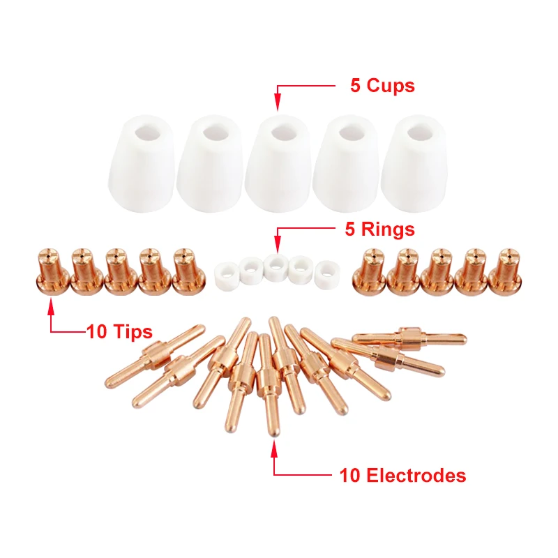 CUT35,CUT45,CUT50 ไฟฉาย PT-31 ตัดไฟฉาย consumable 10 electrodes 10 เคล็ดลับ 5 Swirl แหวน 5 ถ้วย