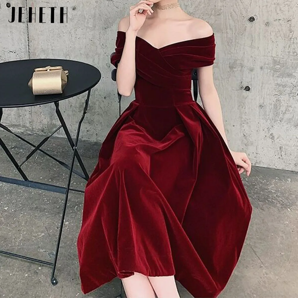 JEHETH Black Off Shoulder V-Neck Velvet Prom Party Dresses Tea Length Backless Formal Evening Gowns for Women robes de soirée