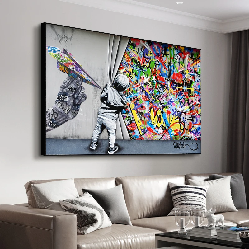 

Modern Street Art Boy Withdrew The Curtain Wall Art Paintings Print on Canvas Paper Airplane Wall Pictures for Home Room Decor