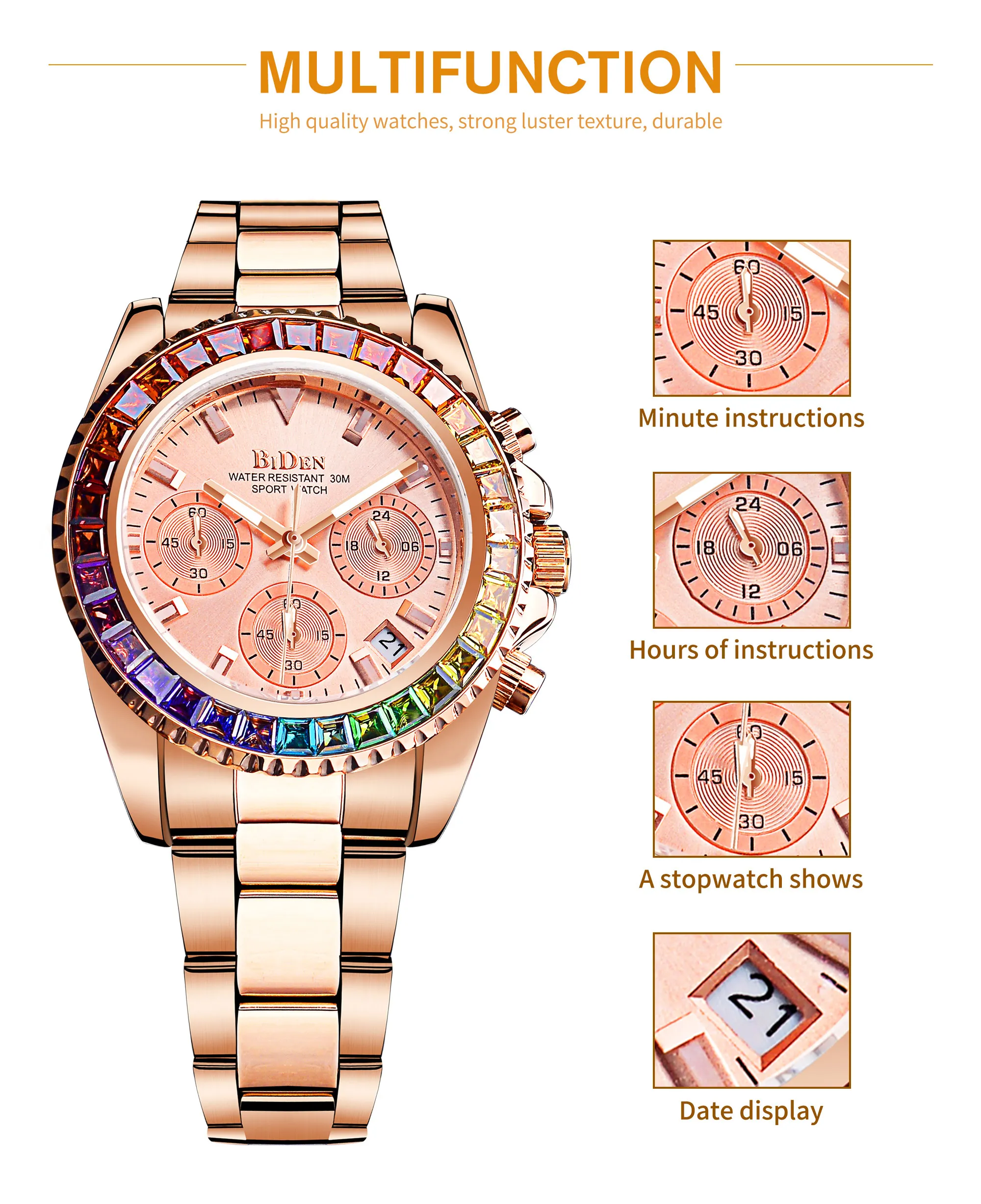 Biden Luxury Ladies Quartz Watch Diamond Women\'s Automatic Watches 3 Dial Wristwatches Fashion Clock Bracelet Zegarek Damski