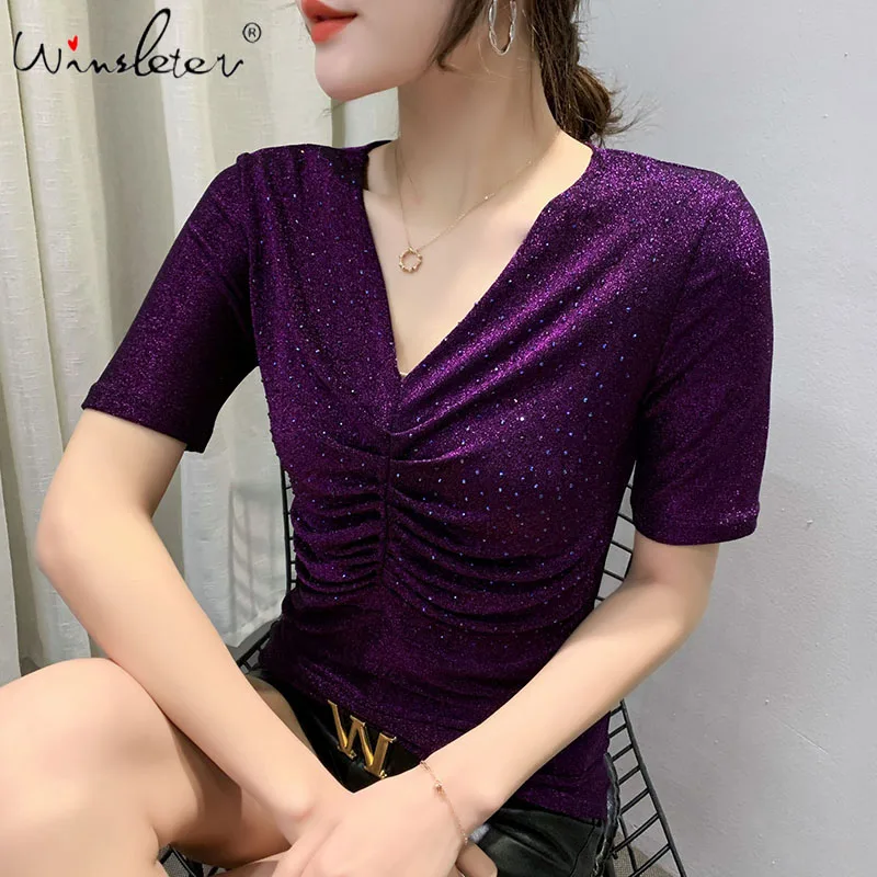 Summer European Clothes T-shirt Fashion Sexy Shiny Diamonds Drape Women Tops Pullover Shirt Cotton Tees New 2021 T06414