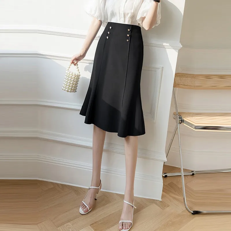 Office Lady Elegant Mermaid Skirts New Arrival 2021 Summer Fashion Korean Style Double Breasted Women A-line Long Skirt W430