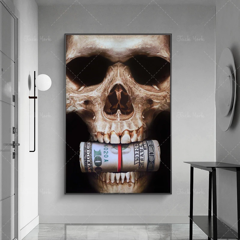 Abstract Skull Head with Money Canvas Posters and Prints Dollar Art Canvas Paintings on The Wall for Home Bar Wall Decor Picture - view 2