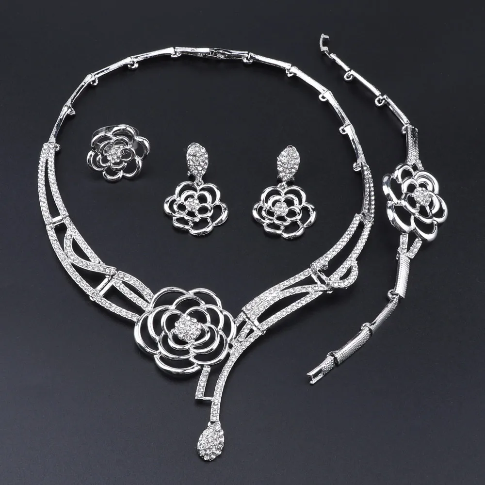 CYNTHIA Dubai Classic Crystal Necklace for Women African Charm Bridal Wedding Party Bracelet Earrings Ring Fashion Jewelry Set