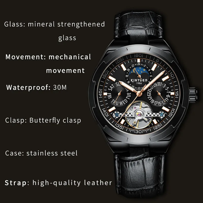 KINYUED Men Watches Automatic Mechanical Watch Leather Tourbillon Sport Clock Casual Business Relojes Hombre Retro Wristwatch