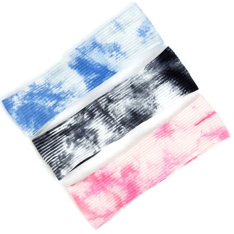 Women Men Tie Dye Flat Hairband Ribbed Headbands Elastic Turban Fashion Sweat Ornament Yoga Sports Headwear Wide Stretch Bandage