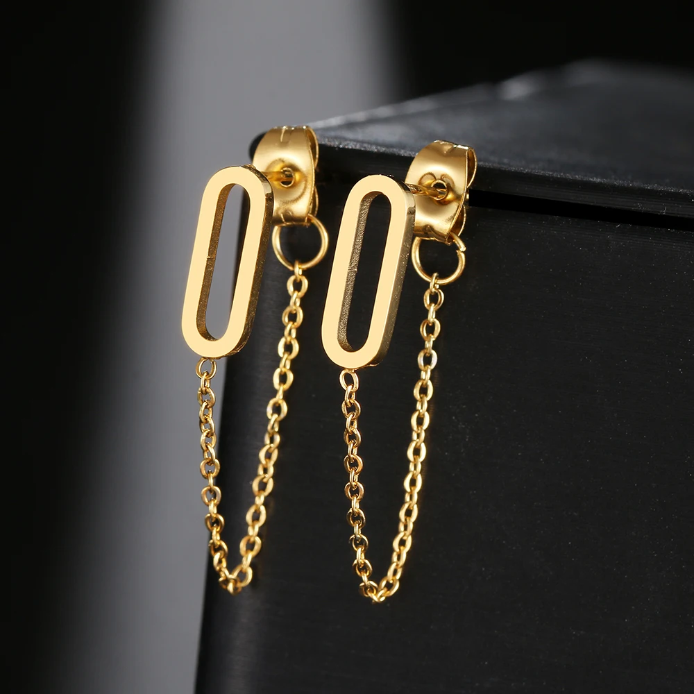 Stainless Steel Earrings 2022 Trend Classic Style Hollow Rounded Rectangle Fashion Tassel Chain Earrings For Women Jewelry Gifts