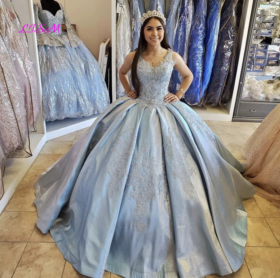 Luz azul quinceanera vestido 2021 v pescoço lantejoulas contas rendas sem costas festa princesa doce 16 vestidos de baile de 15 años