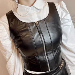 Women's Vest Winter Genuine Leather Waistcoat With Belt Female Korean Fashion Simple Big Pocket Round Neck Beige/Black Gilet