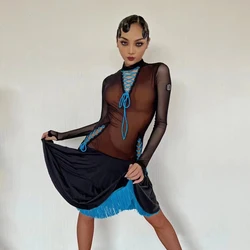 Women Latin Dance Dress Long Sleeved Performance Costumes Chacha Smaba Tango Latin Dance Practice Dress Competition Wear DW040