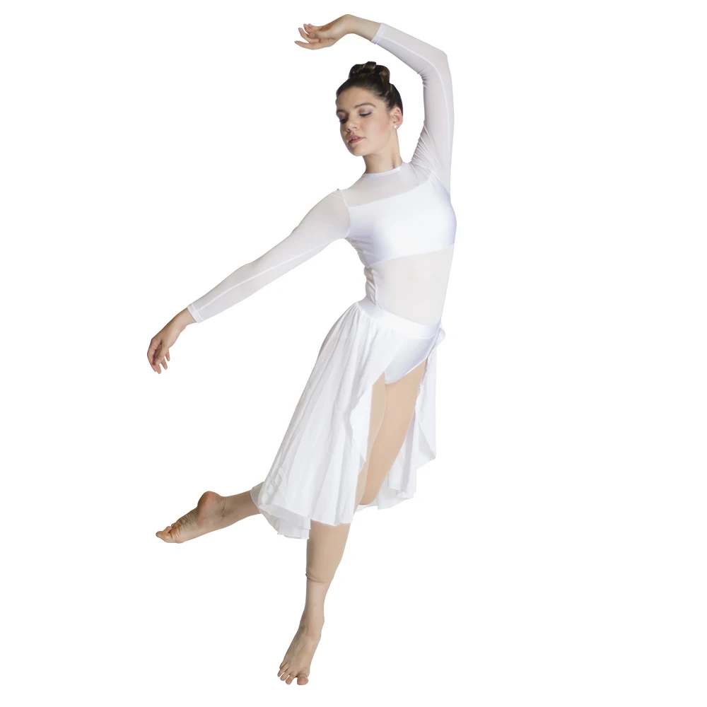 White Long Mesh Sleeves Top Chiffon Long Skirts Lyrical Dance Dress Performance Costume