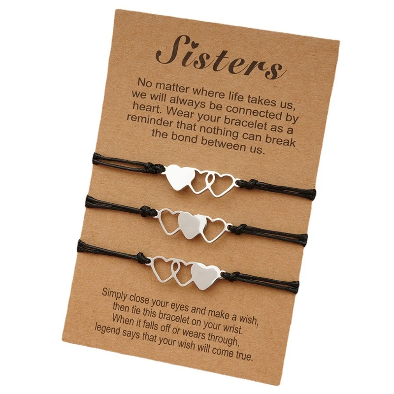 3 Pcs Matching Heart Sister Card Bracelet Stainless Steel Handmade Braided Charm Bracelet Friendship Jewelry Gifts for Girls Wo