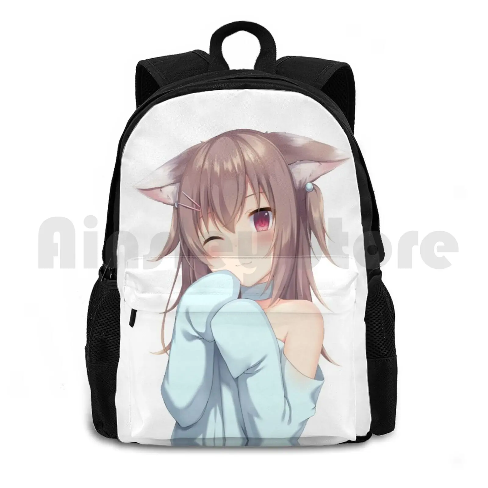 Adorable Cat Neko Girl Outdoor Hiking Backpack Riding Climbing Sports Bag Red Eyes Cute Brown Hair Neko Cat Girls Japanese