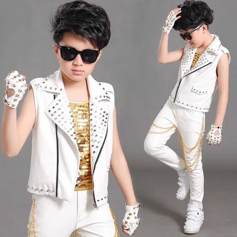 Boys Jazz Dance Costume Stud Leather Pants Jacket Gold Sequined Vest Children Singer Hiphop Stage Performance Costume DNV14066