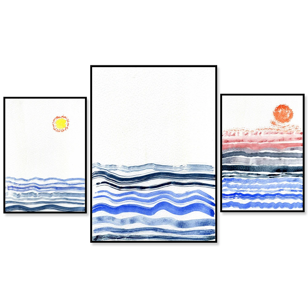 Ocean prints Watercolor  Abstract Sea art Ocean and sun Art Modern Art for wall Minimalist Wall Art Prints set Naive art