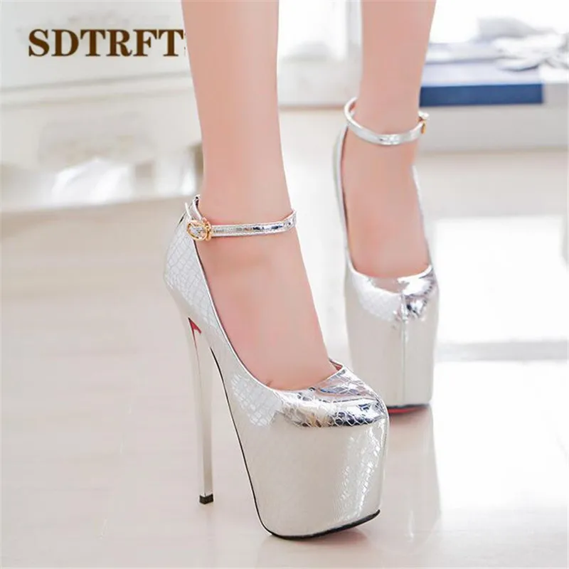 SDTRFT Fashion Pumps Platform shoes woman 20cm Thin heels Gold Sliver Crossdresser Patent Leather Buckle SM Stiletto US17 18 19