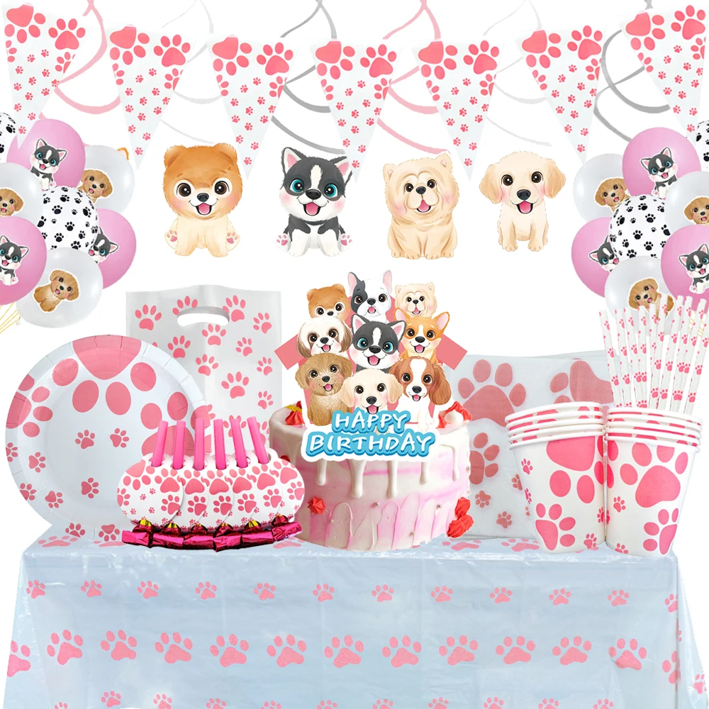 Pink Dog Paw Birthday Party Girls Pet Dog Decorations Disposable Tableware Cup/Plate Hanging Swirls Balloons Decor Supplies