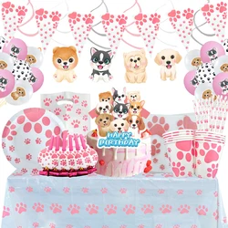 Vajilla desechable con diseño de pata de perro rosa, suministros de decoración para fiesta de cumpleaños de niña y perro, platos y vasos colgantes, globos y remolinos