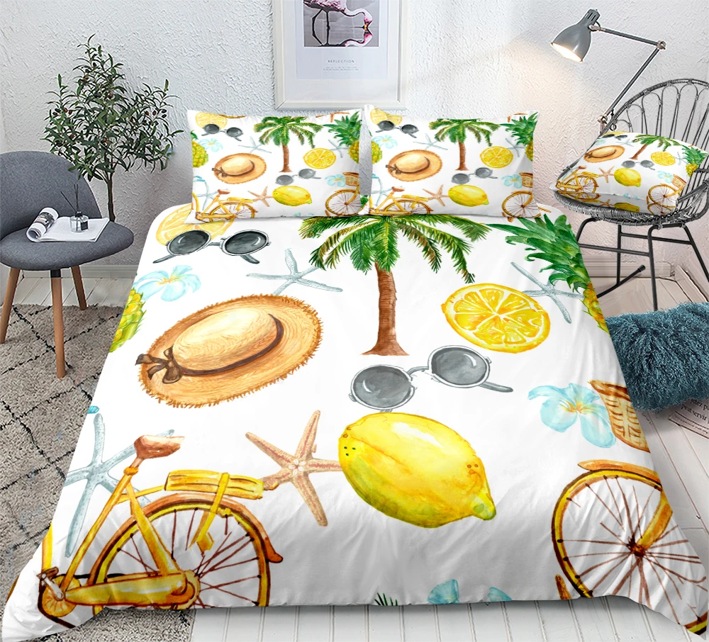 

Coconut tree Duvet Cover Set Cartoon Fruit Bedding Set Starfish Holiday Style Beds Set Home Textiles Microfiber For Kids Girls