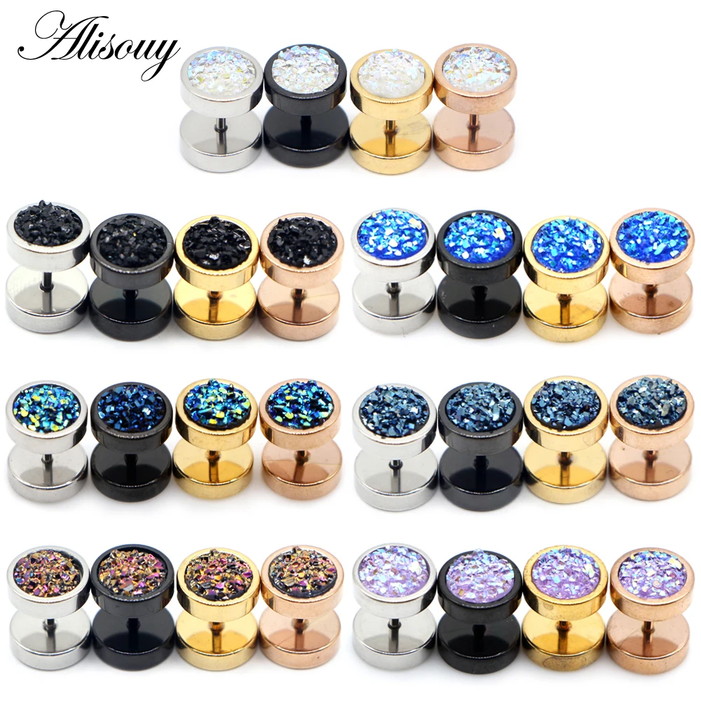 Alisouy 2pc Stainless Steel Earring Punk Round Ore Crystal Men Women Dumbbells Barbell Ear Stud Earrings Piercing Jewelry
