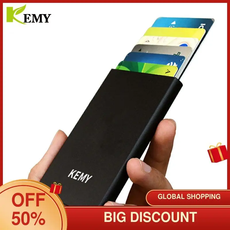 KEMY-cartera Rfid de alta calidad para hombre, Mini monedero de aluminio, monedero pequeño para tarjetas, billetera de cuero, monedero fino