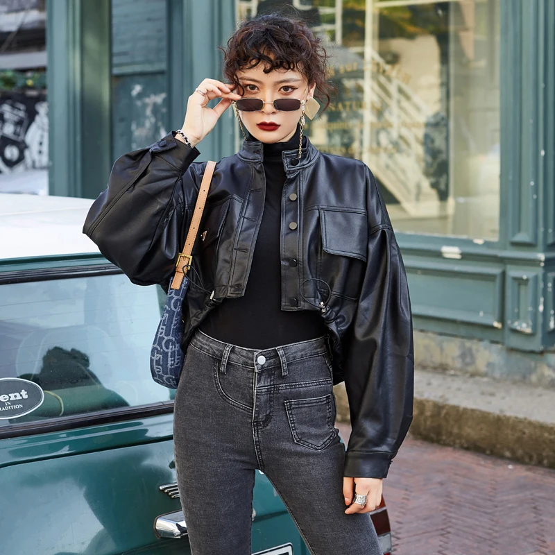 Spring Women Jacket Black Leather Jackets Customized Loose Bat Type Drawstring Locomotives Jackets Women's Short Jacket Coat