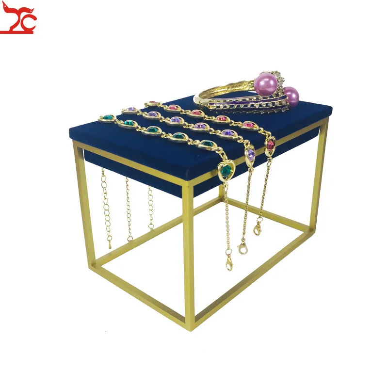 

Blue Velvet Bracelet Ring Display Gold Stainless Steel Jewelry Shop Window Display Shelf Jewelry Counter Display Cabinet