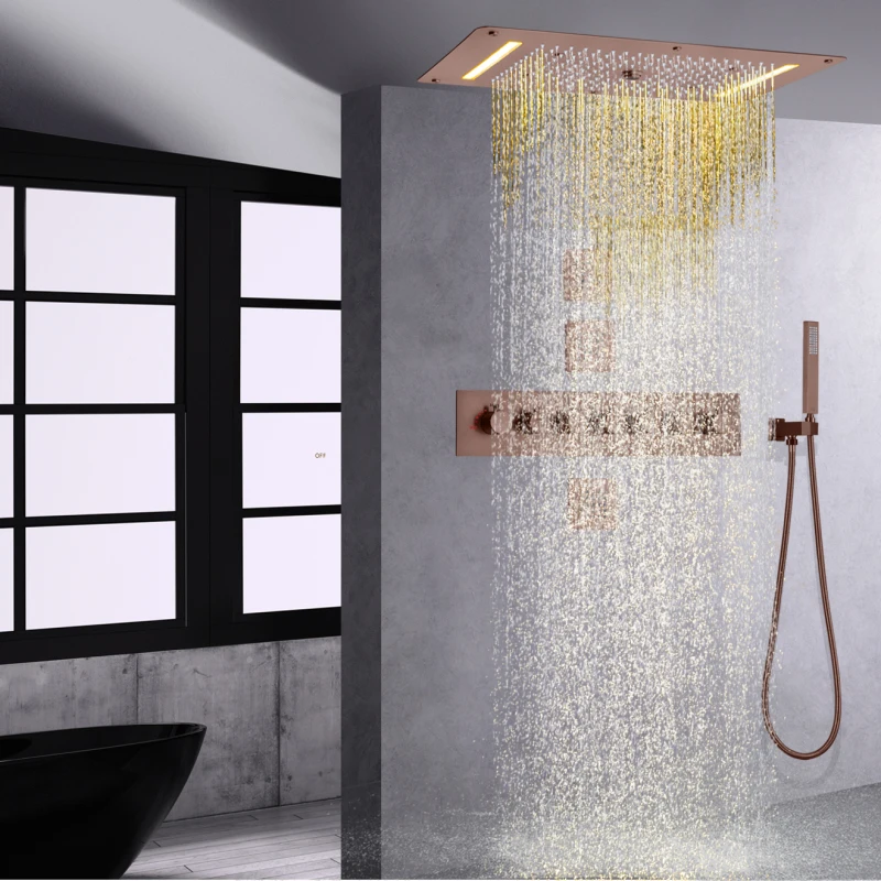 Brown Thermostatic Rainfall Shower System 700X380 MM LED Bathroom Multifunction Shower Set