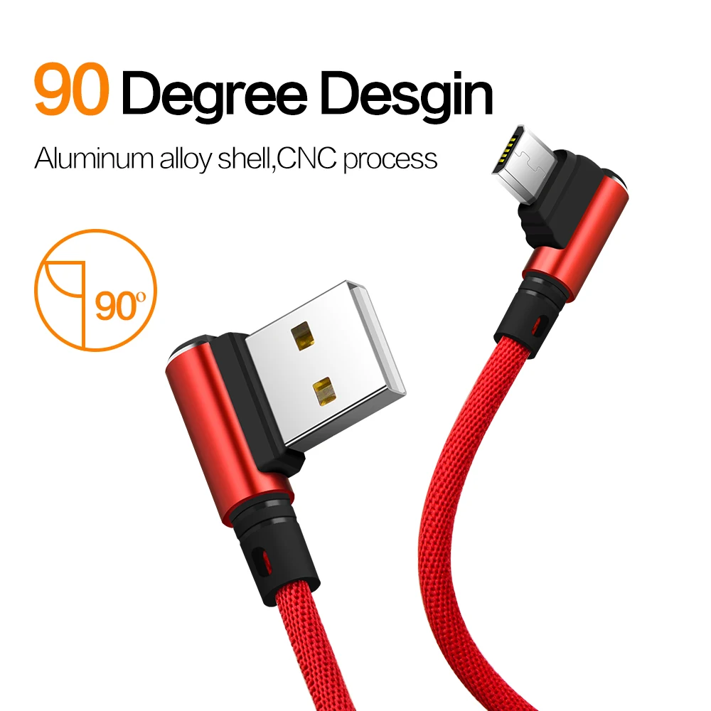 Micro USB Cable 90 Degree 1M Data Cable Metal Braided Bending Type Fast Charging Cable Game for Android Xiaomi Samsung LG Huawei