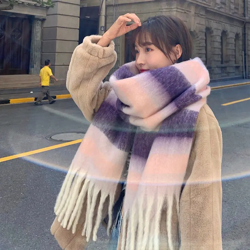 Scarves Women Patchwork Design Fashion Ulzzang 4 Colors Tassel Warm Winter Students Mujer Leisure All-match Sweet Chic Femme Ins