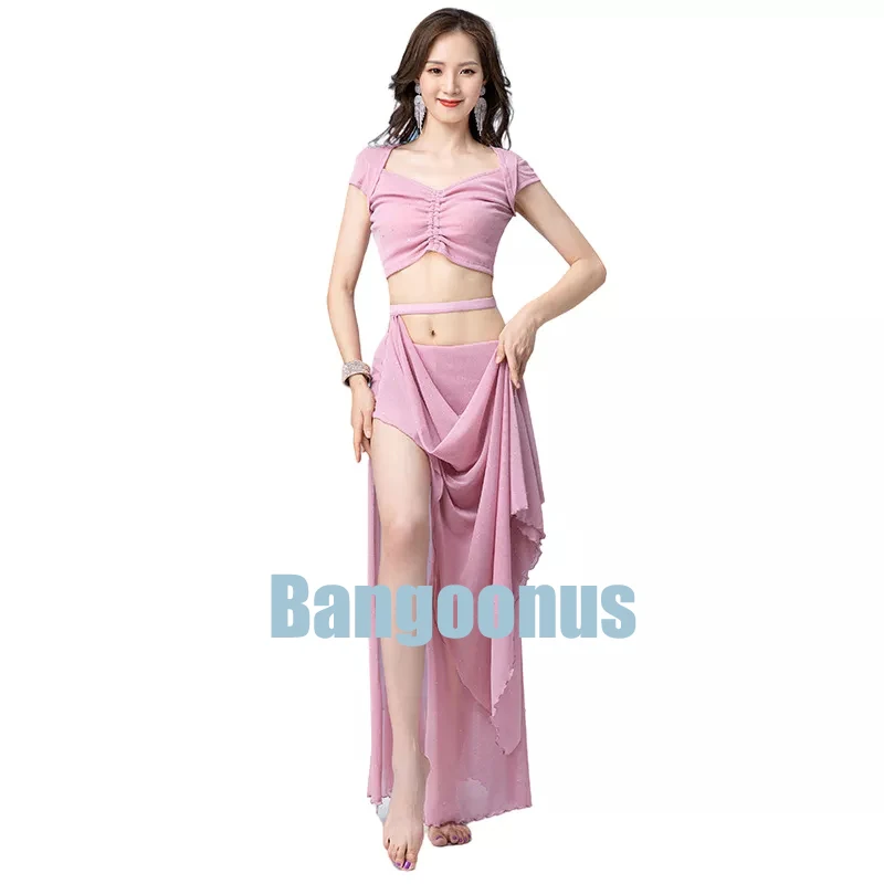 Woman Fairy Belly Dance Comfort Costume 2 Piece Set Tank Top With Long Skirt Silver Mesh Sexy Oriental Team Dance Practice Wear