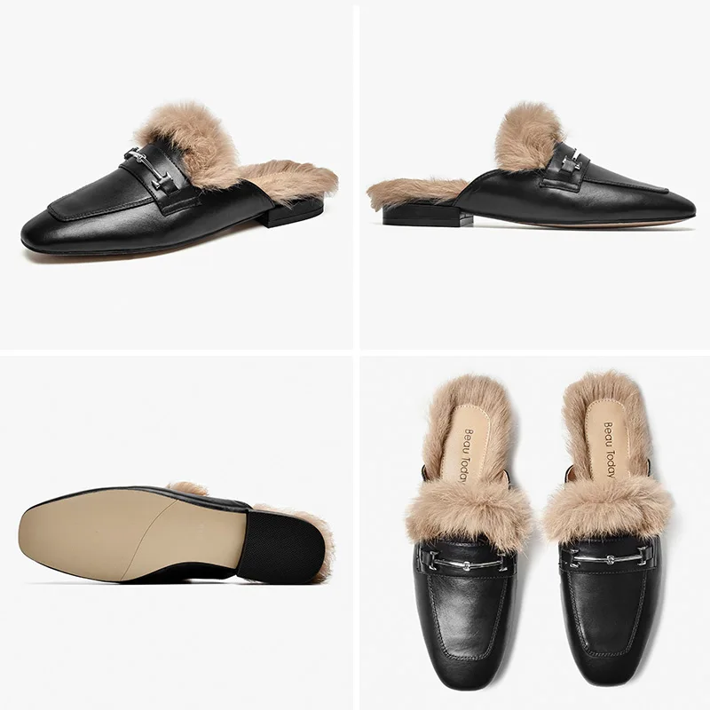 BeauToday Fur Shoes Women Calfskin Mules Rabbit Hair Metal Decoration Square Toe Outdoor Ladies Flats Handmade 37020