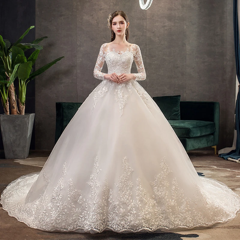 VENSANAC Vintage O Neck Lace Appliques Ball Gown Wedding Dresses Illusion Long Sleeve Court Train Bridal Gowns