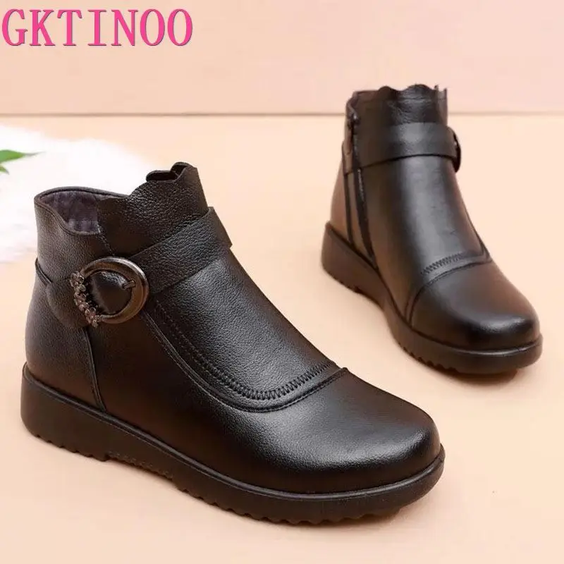 GKTINOO Fashion Winter Women Genuine Leather Ankle Boots Female Warm Plush Snow Boots Mother Waterproof Non-slip Booties