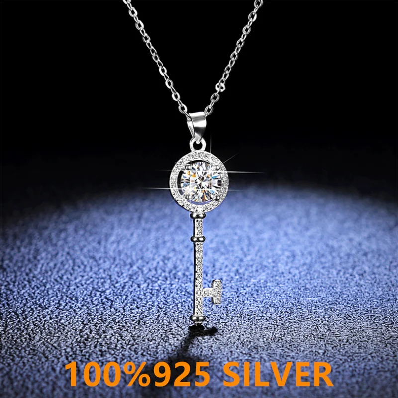 1 Carat Genuine silicon carbide pendant key necklace, suitable for women. 925 sterling silver wedding party exquisite jewelry