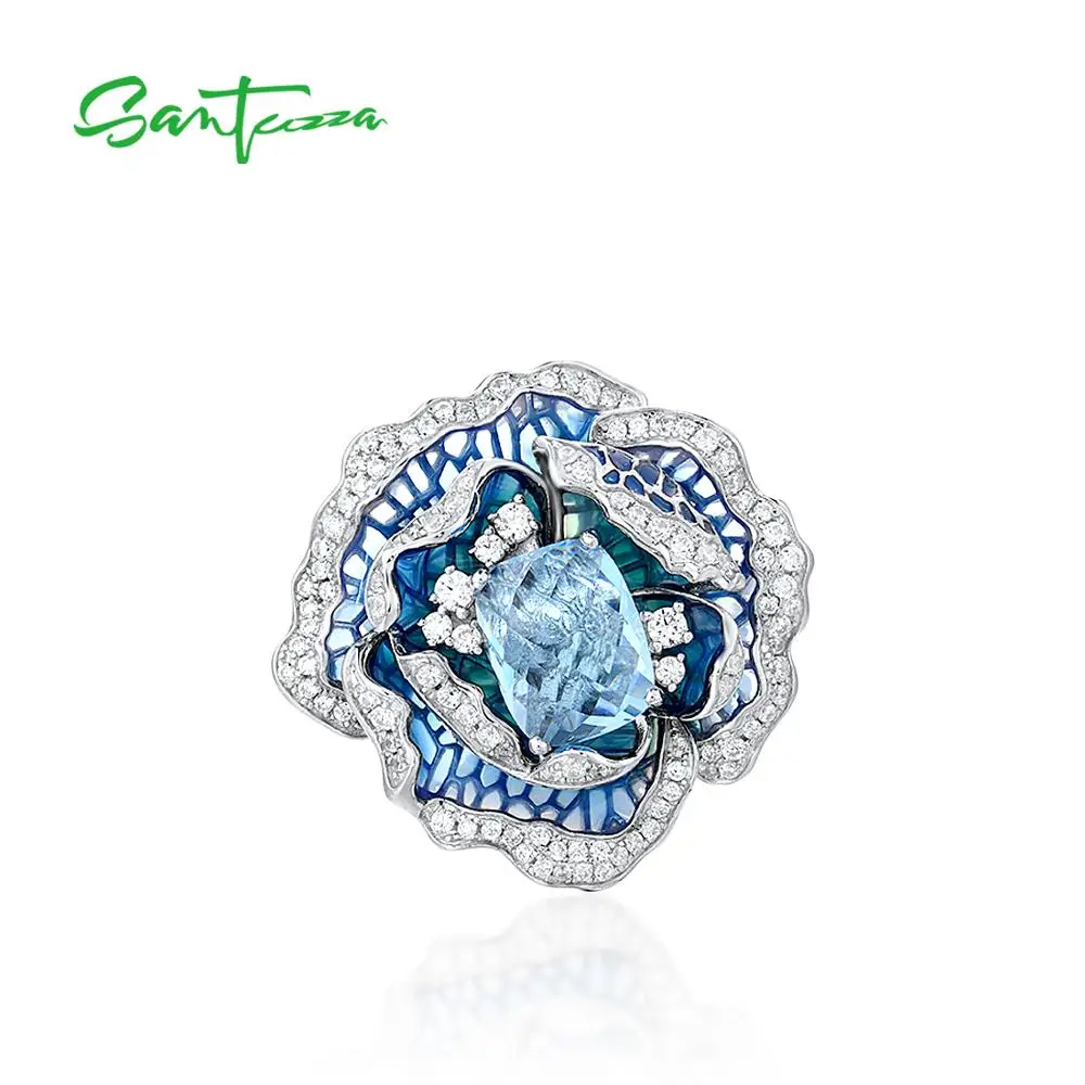 SANTUZZA Silver Ring For Women Pure 925 Sterling Silver Elegant Blue Blooming Flower Trendy anillos Fine Jewelry Handmade Enamel