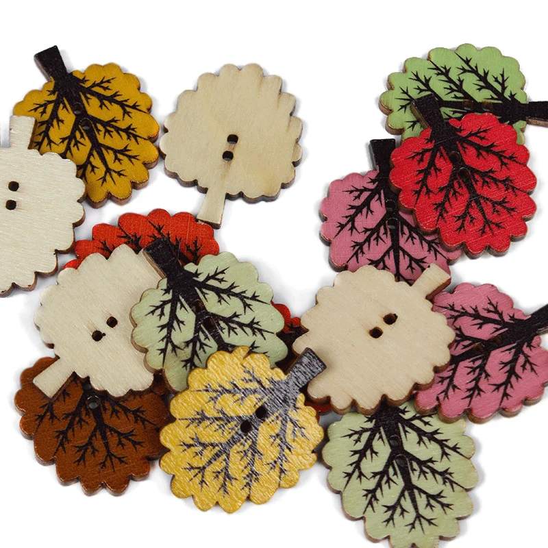 50pcs Leaves 2Hole Wooden Buttons Christmas for Child Sewing Scrapbook Clothing Decor Handwork Accessories Card DIY 32mm*25mm