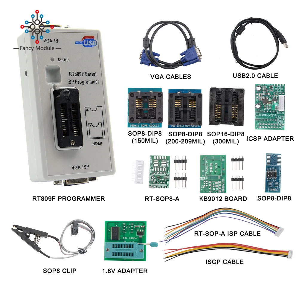 RT809F Universal ISP Programmer LCD USB Programmer Repair Tools 24-25-93 Serial IC With 11 Adapters SOP8 Test Clip EDID Cable