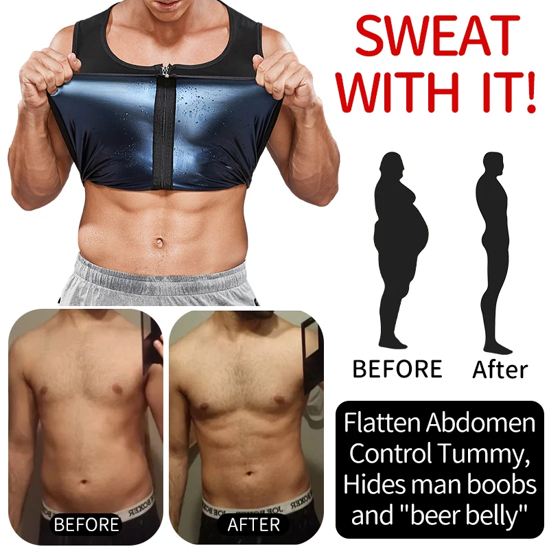 Mens Body Shaper Zipper Sauna Vest Polymer Waist Trainer Sweat Shirt Slimming Belt Fitness Corset Top Abdomen Workout Shapewear