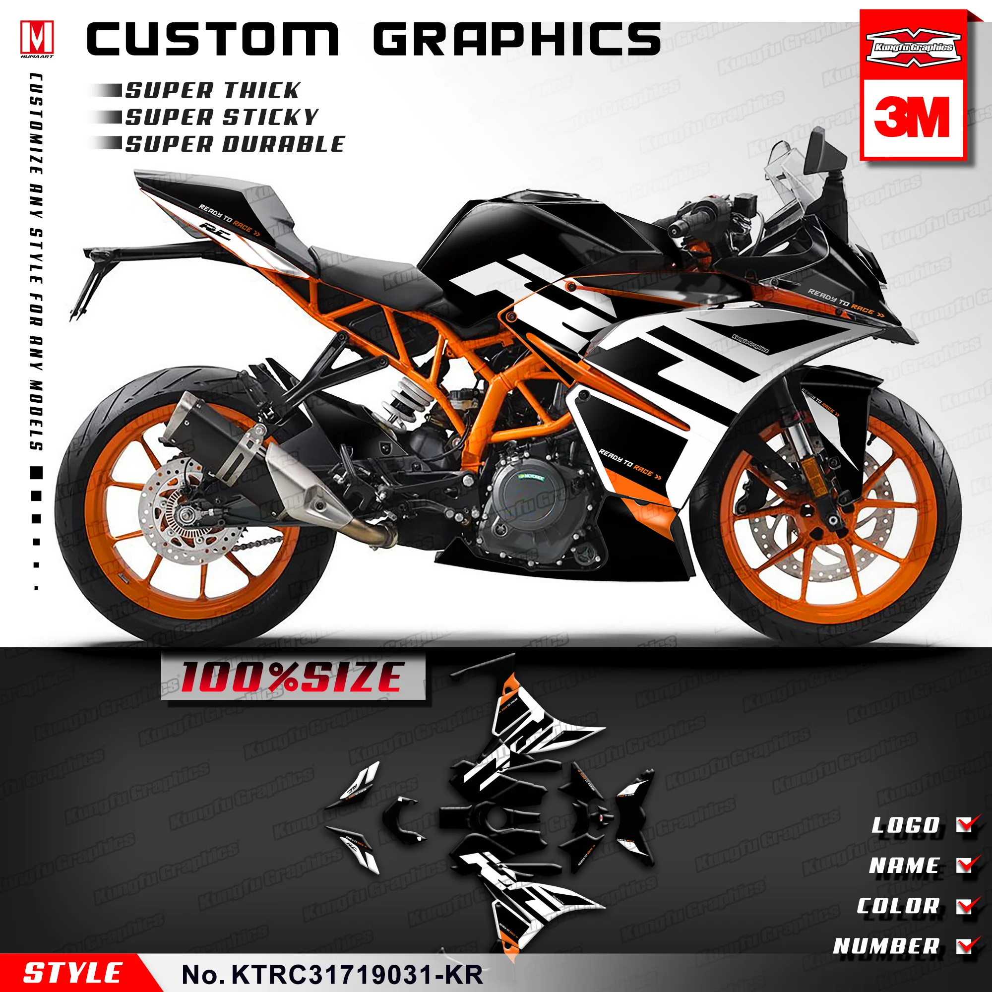 

KUNGFU GRAPHICS Team Stickers Vinyl Wrap Kit for KTM RC 125 200 250 390 2017 2018 2019 2020 2021 (Style NO.KTRC31719031-KR)