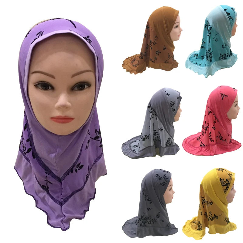 

Muslim Girls Scarf Hijab Flower Printed Arabic Islamic Turban Bonnet Cap Children Instant Headwrap Burqa for 2-7 Years Old Girl