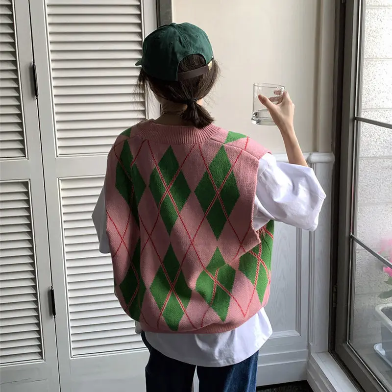 Sweater Vest Women Knitted Rhombus Pink V-Neck Sweaters Vests Womens Harajuku Korean Preppy Style Fashion Casual Chic Sleeveless