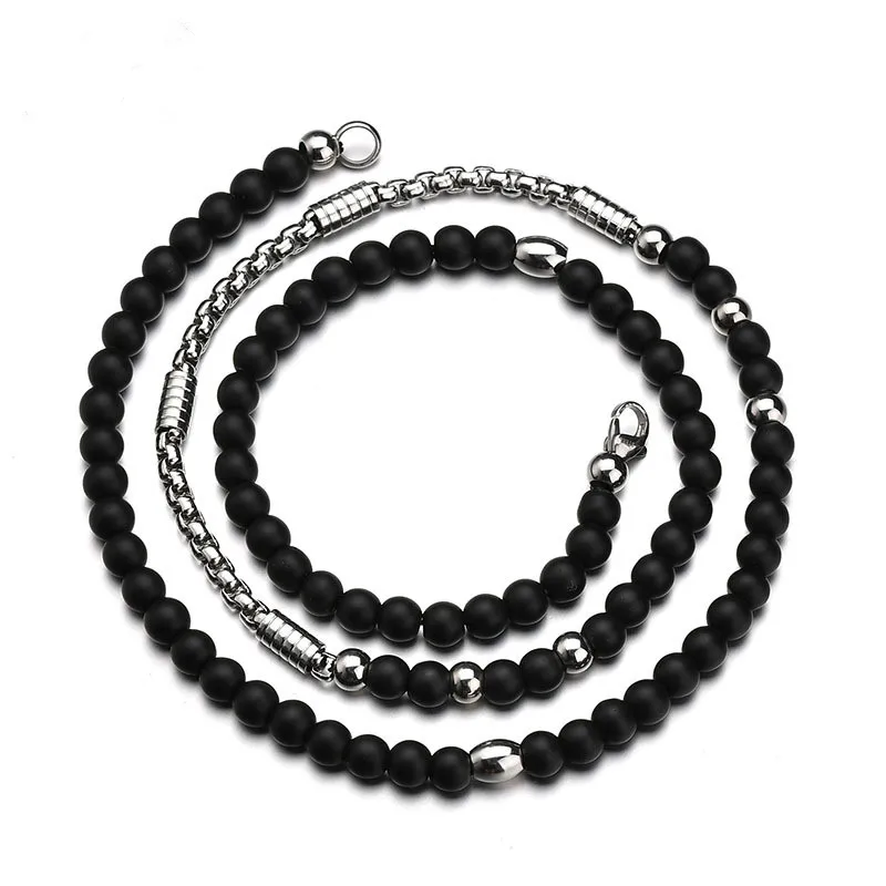 Stainless Steel Cross Pendant Necklace Silver Color Stainless Steel Chain Black Stone Strand Beads Necklaces Ethnic Jewelry Men